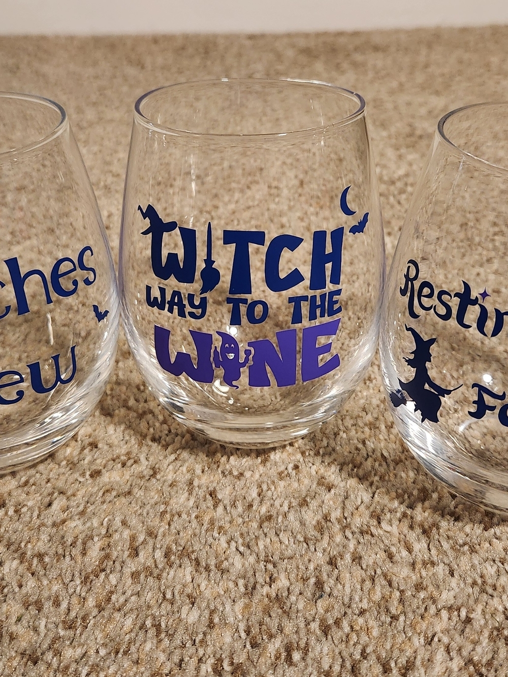 Halloween 'Witch Way to the Wine' Purple And Navy Blue Stemless Wine Glass